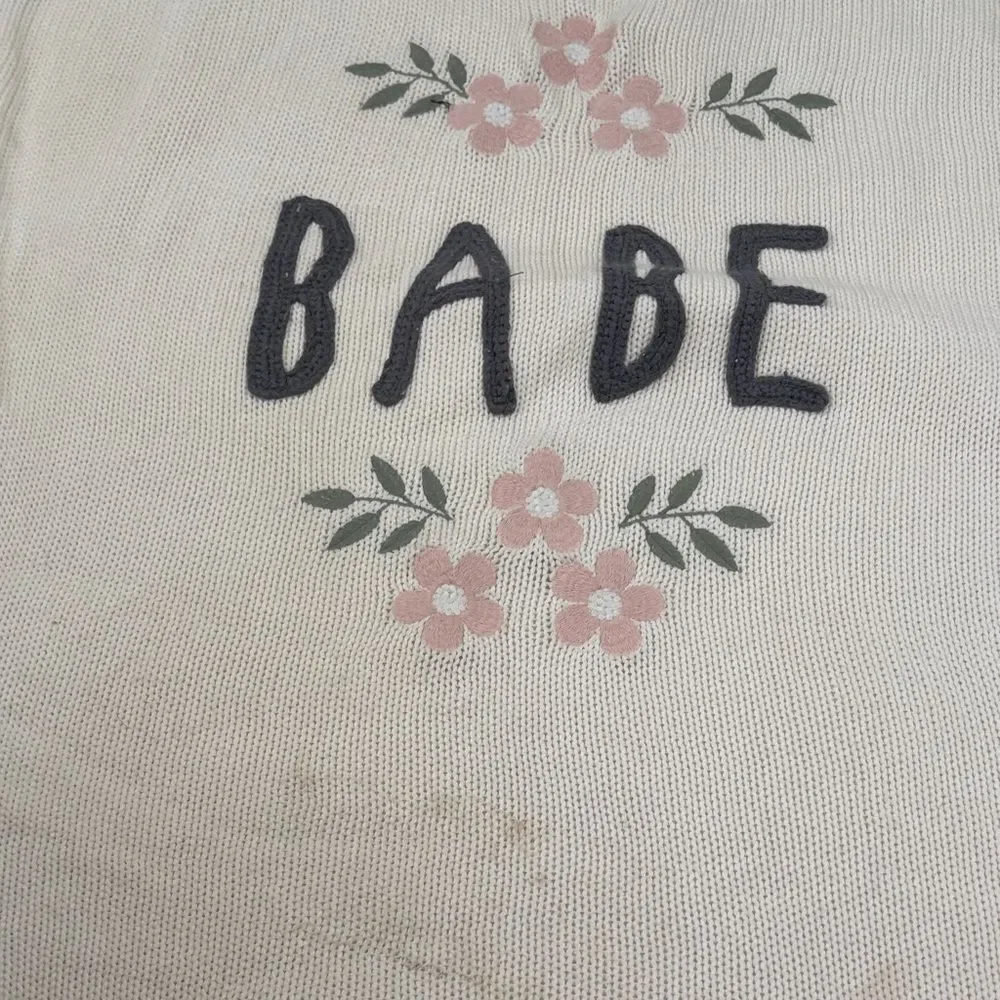 Pottery barn “babe” Cream Knit Blanket with Floral Design